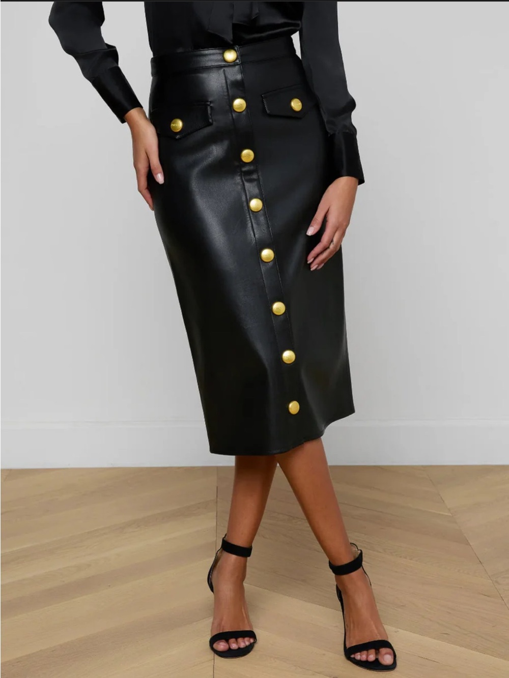 L’Agence High-Waist Black Faux Leather Midi Skirt with Gold Button Trim